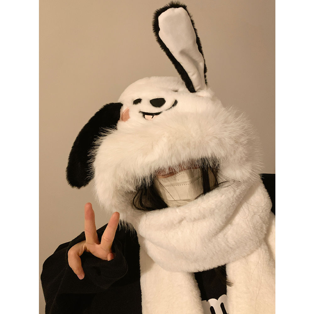 Cute puppy plush hat, scarf and gloves all-in-one women's winter warm and velvet thickened three-piece set to protect against the cold while riding