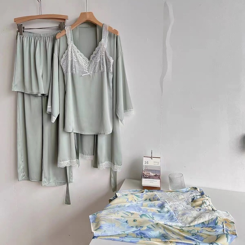 Pajamas women's four-piece ice silk suspender trousers pajamas set Korean style long-sleeved home clothes high-end sexy pajamas
