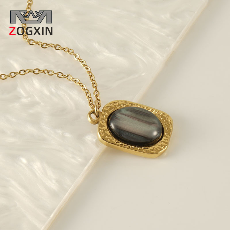French retro natural stone titanium steel necklace for women gold square pendant niche design stainless steel clavicle chain for women