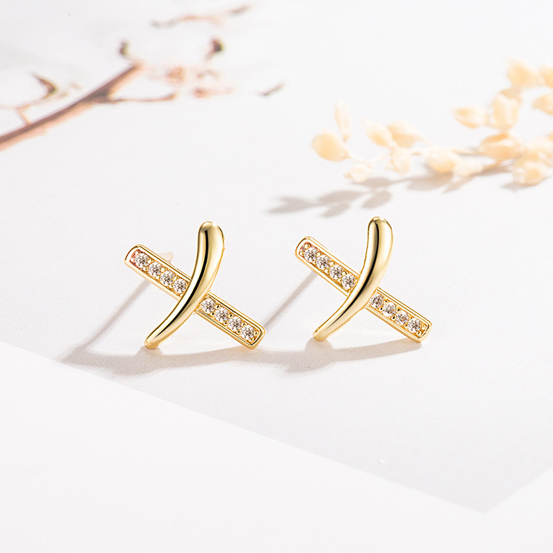 Korean style simple cross earrings for women English letter X earrings small and exquisite earrings plated s925 earrings college style