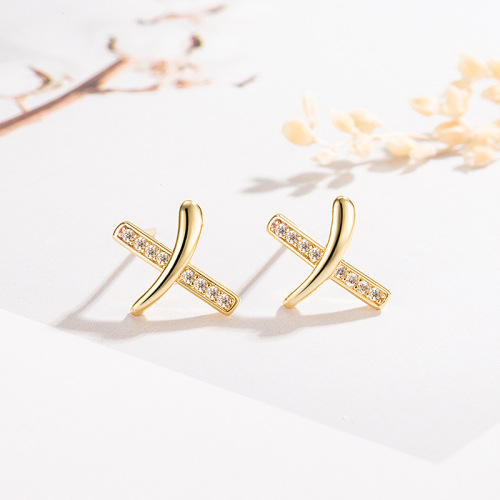 Korean style simple cross earrings for women English letter X earrings small and exquisite earrings plated s925 earrings college style