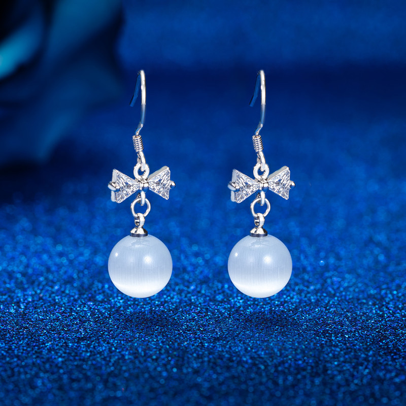 Retro style white opal bow long earrings for women natural opal earrings ear hooks fashion jewelry