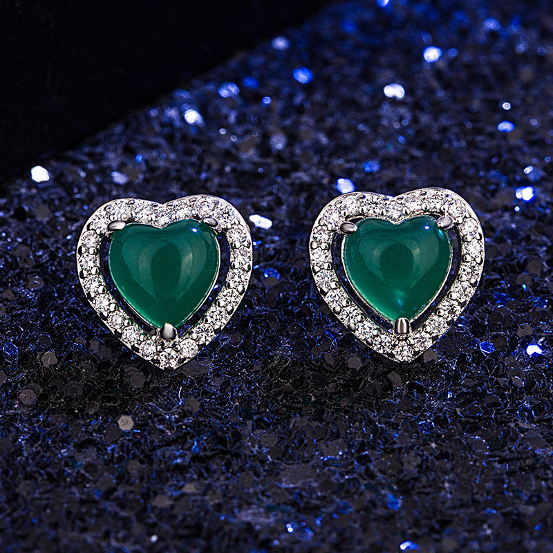 Korean style heart-shaped chrysoprase earrings for women, retro ethnic style green agate earrings for girlfriend birthday gift jewelry