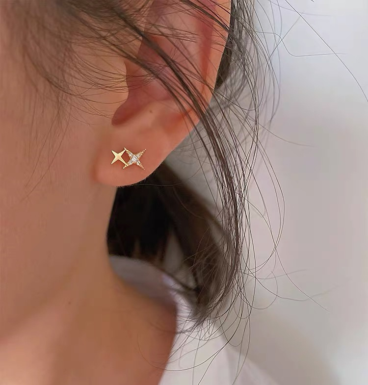 s925 sterling silver plated 14k gold inlaid diamond four-pointed star earrings glossy zircon small simple versatile earrings for women