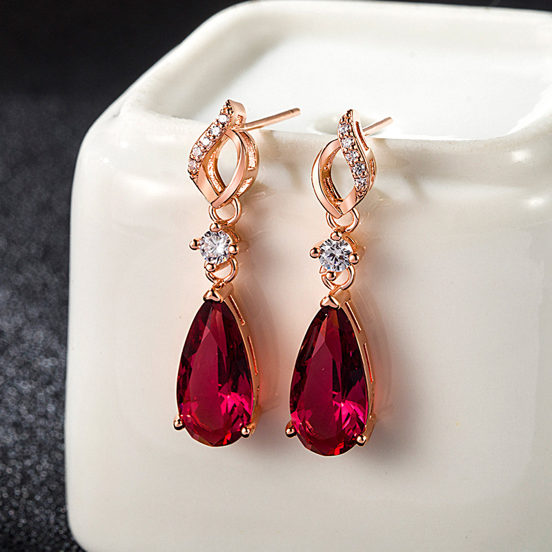 European and American diamond-set zircon crystal earrings for women drop-shaped rose red earrings 18K rose gold ruby ​​fashion jewelry