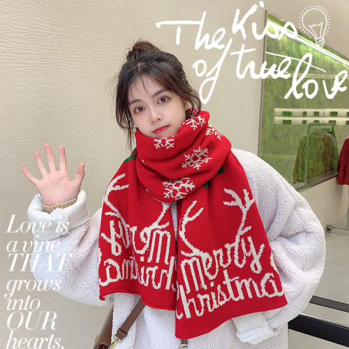 Christmas gift scarf for girlfriend red trendy retro imitation cashmere plus velvet thick long winter scarf shawl for women