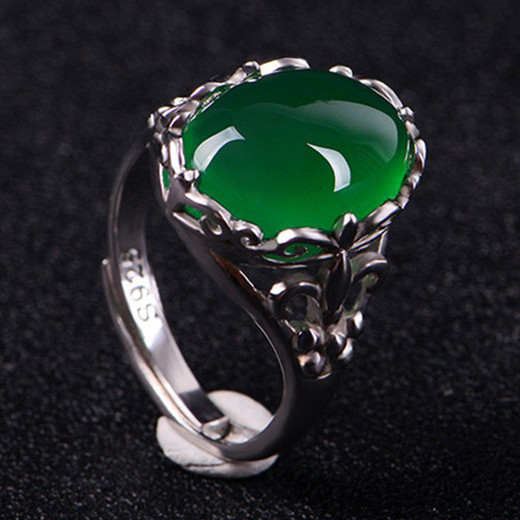 Korean version of silver-plated green agate crystal open ring women's emerald gem retro inlaid chalcedony ring wholesale