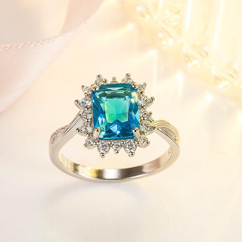 Amazon's best selling inlaid full diamond blue crystal ring for women cross-border brushed blue diamond ring fashion jewelry