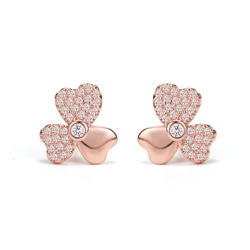 Korean style forest style literary diamond three-leaf earrings for women 18k gold rose gold flower earrings simple fashion jewelry