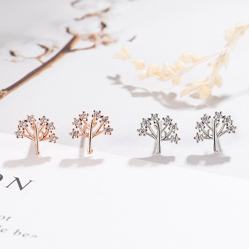 Korean version of cute silver-plated tree of life earrings for women, plant-filled tree of life earrings, gold compact jewelry