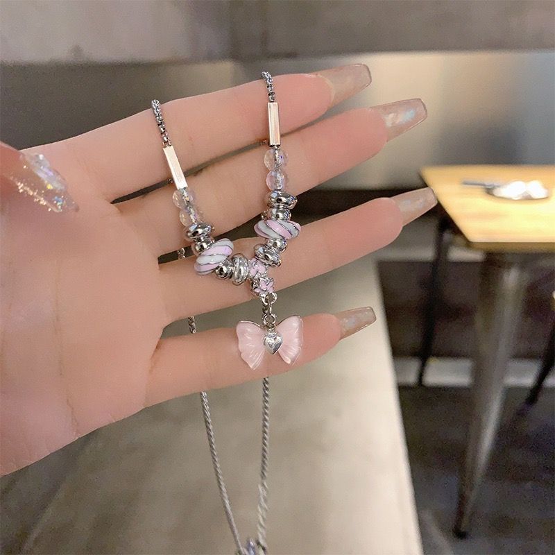 Sweet and Cool Style~Pink Bow Necklace for Women, Light Luxury, Niche High-end Design, Fashionable and Sweet Millennial Girl Chain