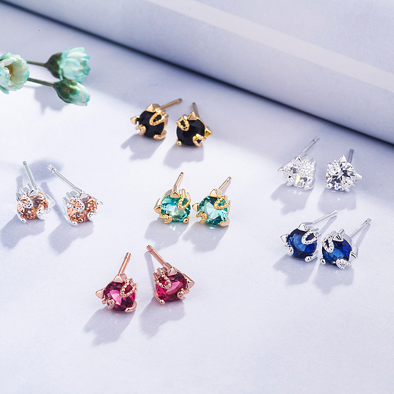 Korean style 925 silver plated rose red zircon cat earrings for women rose gold diamond cat earrings simple jewelry