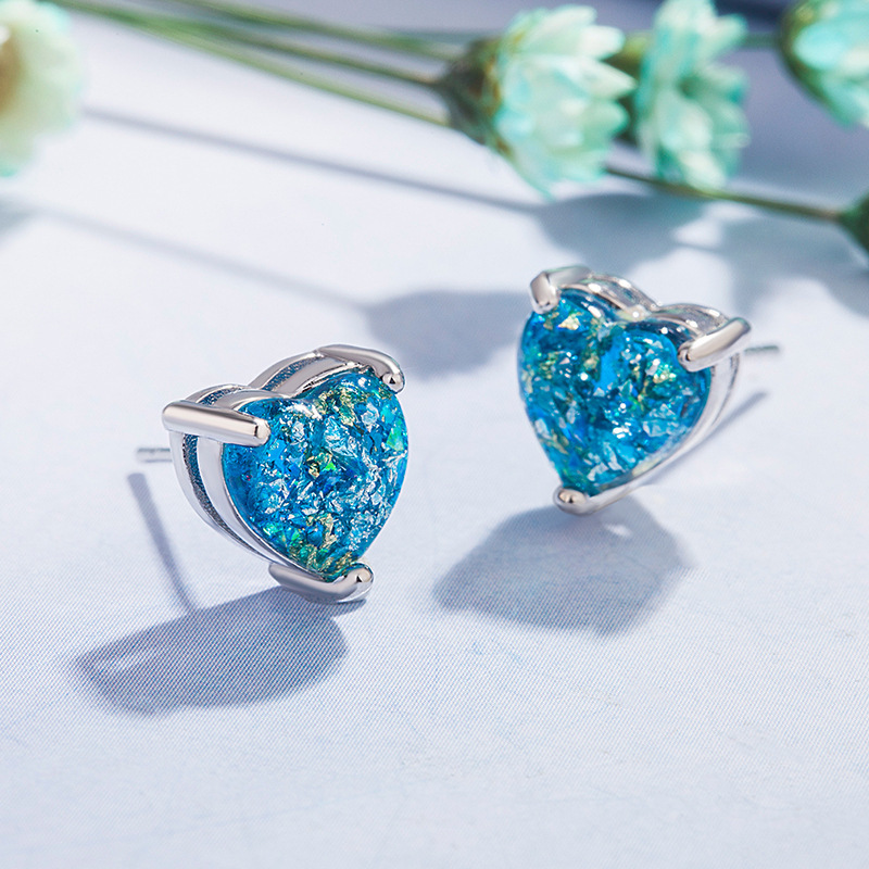 Wish heart-shaped opal earrings for women European and American colorful stone zircon earrings cross-border supply jewelry