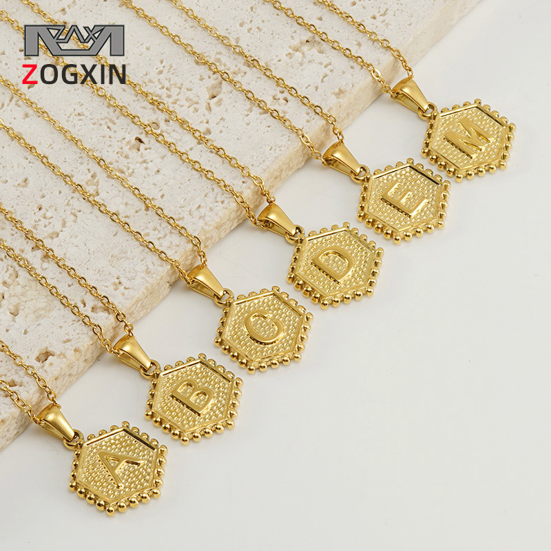 European and American style fashionable titanium steel hexagonal letter pendant gold stainless steel 26 English letter necklace clavicle chain for women