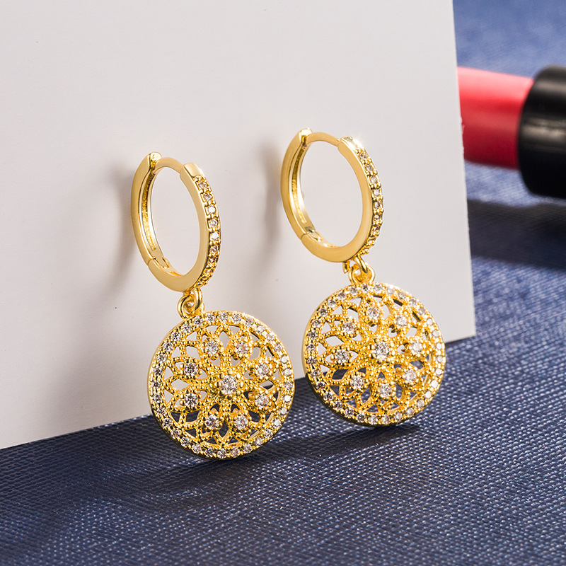European and American new style hollow earrings for women micro-encrusted zircon earrings ins Internet celebrity dream catcher ear buckle round earrings jewelry