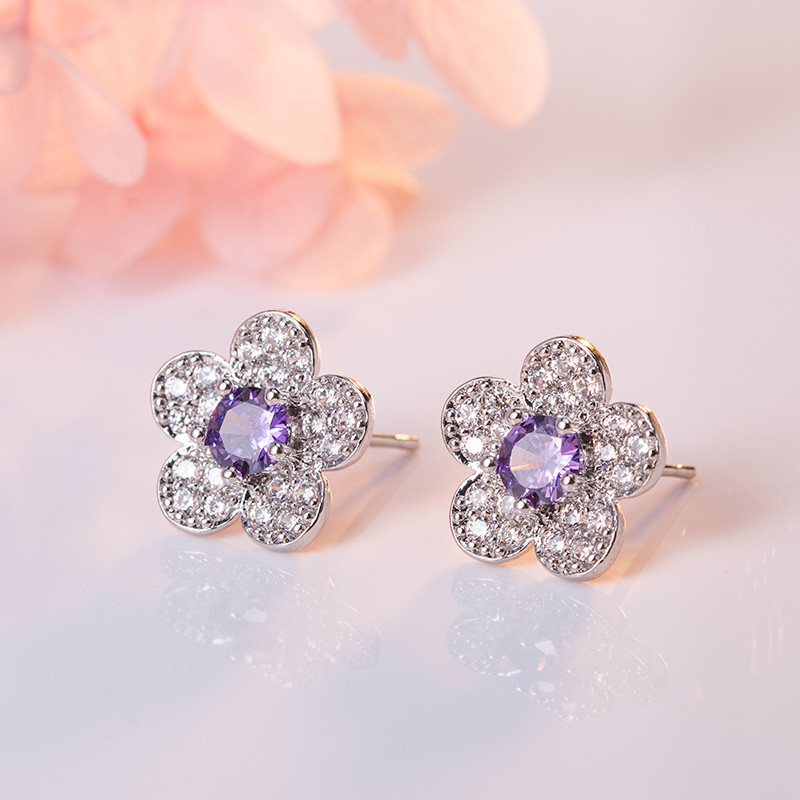 Amazon's best selling fashionable temperament full diamond zircon snowflake earrings for women European and American exquisite floral purple diamond earrings jewelry