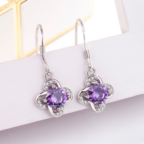Korean version of purple diamond four-leaf clover long earrings for women with diamonds and zircons long ear hooks personalized student earrings simple jewelry