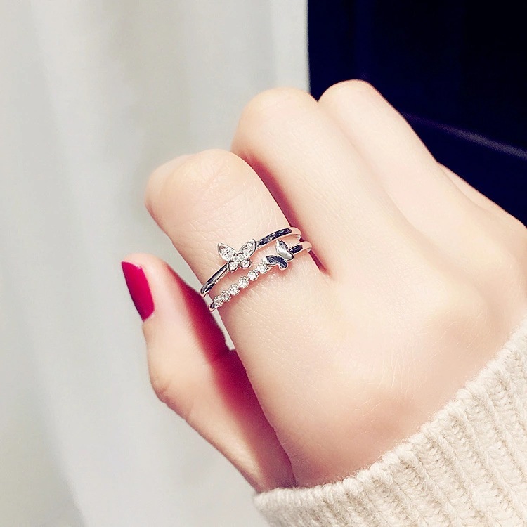 Korean version of silver-plated Internet celebrity butterfly ring female open trendy student index finger ring simple fashion jewelry wholesale