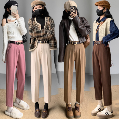 Maillard brown straight-leg trousers for women new high-waisted casual woolen cigarette pants plus velvet slimming nine-point pants