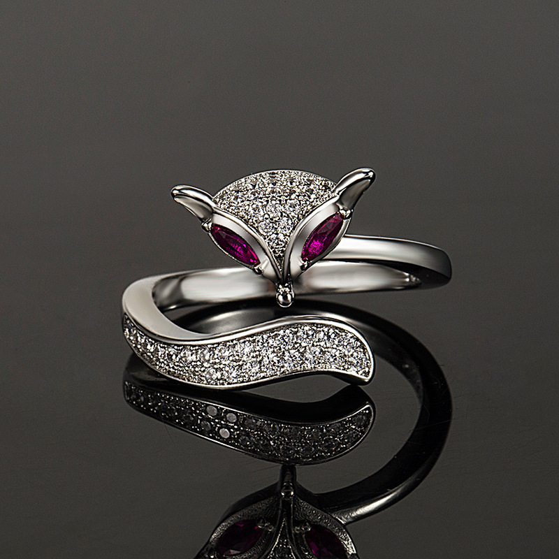 Korean version of the trendy rose red zircon small fox ring for women, light luxury and cool style fox index finger ring fashion jewelry