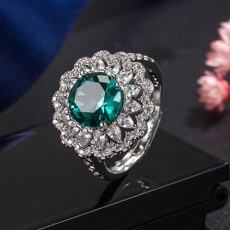 Amazon's best selling imitation Maldivian blue-green moissanite ring for women European and American luxury full diamond zircon ring