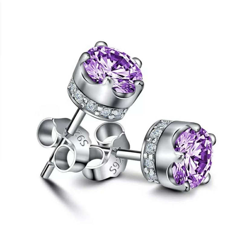 Korean style silver-plated crown earrings for women, fashionable diamond-encrusted amethyst earrings, simple student earrings wholesale