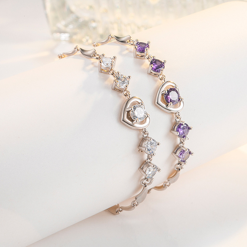 Korean version of sweet attachment heart-shaped amethyst necklace for women, light luxury and high-end sense of wave-shaped purple diamond heart-shaped bracelet jewelry
