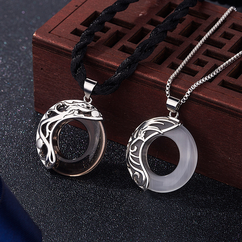Korean version of dragon and phoenix auspicious couple necklace, a pair of obsidian cat's eye stone necklace for men and women, retro style couple necklace