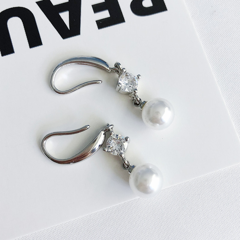 Korean style single diamond pearl ear hook long diamond pearl earrings Internet celebrity trendy ear jewelry simple fashion jewelry