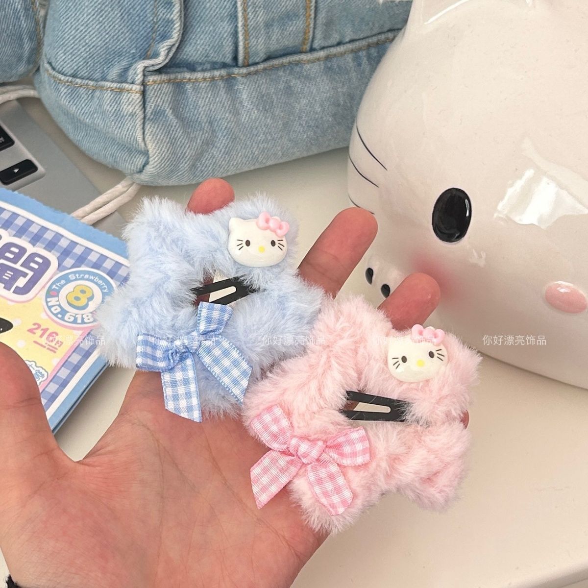 Furry star kt cat plaid bow hair clip girl heart BB clip sweet autumn and winter five-pointed star cartoon hair accessories