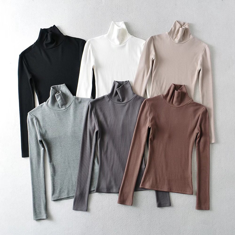 YPFF trendy women's wear brushed warm high collar long-sleeved T-shirt European and American basic solid color slim fit elastic bottoming shirt