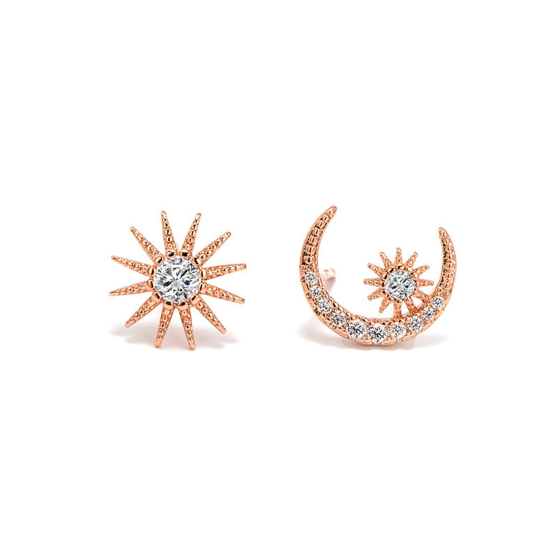 Korean style star and moon asymmetric earrings for women 18k gold rose gold diamond star and moon earrings simple jewelry