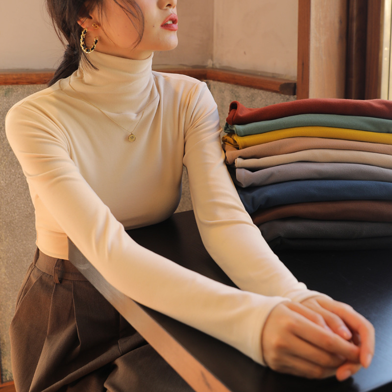 Solid color German velvet pile high collar bottoming shirt for women to wear autumn and winter plus velvet thickened long-sleeved bottoming shirt tight T-shirt