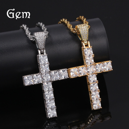 Cross-border hot selling hip-hop square zircon cross necklace European and American punk personality male and female couple pendant accessories