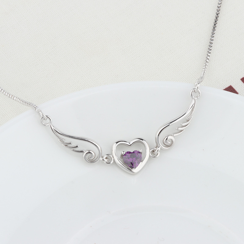 Korean version ins style angel wings necklace for women purple diamond heart-shaped hollow fashion ladies pendant necklace jewelry wholesale