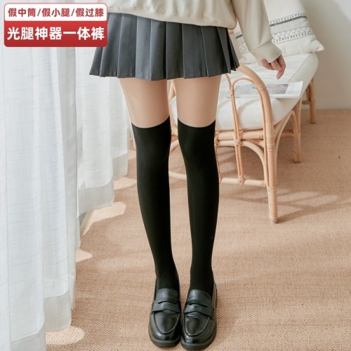 Three-in-one safety pants spliced ​​with fake knee-high bare-leg artifact plus velvet and thickened one-piece pants version fake calf high socks