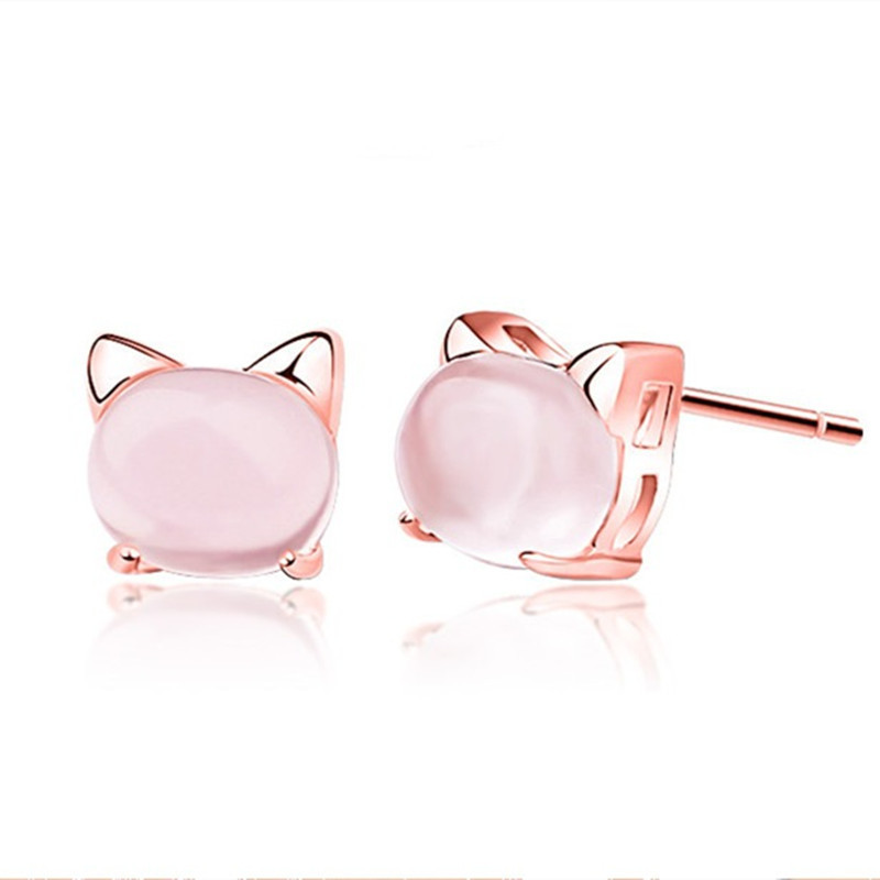 Korean version of sweet and cute girl pink crystal cat earrings for women natural cat's eye stone cute cat earrings jewelry