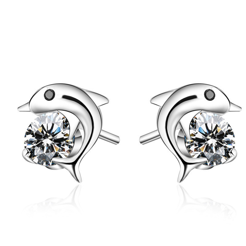Korean version of amethyst dolphin earrings for women, fashionable and creative temperament dolphin diamond earrings jewelry wholesale
