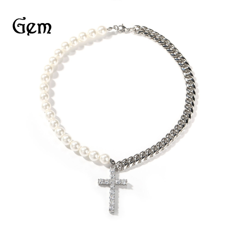 Hip Hop Gu Meng New 8MM Stainless Steel Cuban Chain + Pearl Merged Necklace European and American Cross Pendant Necklace