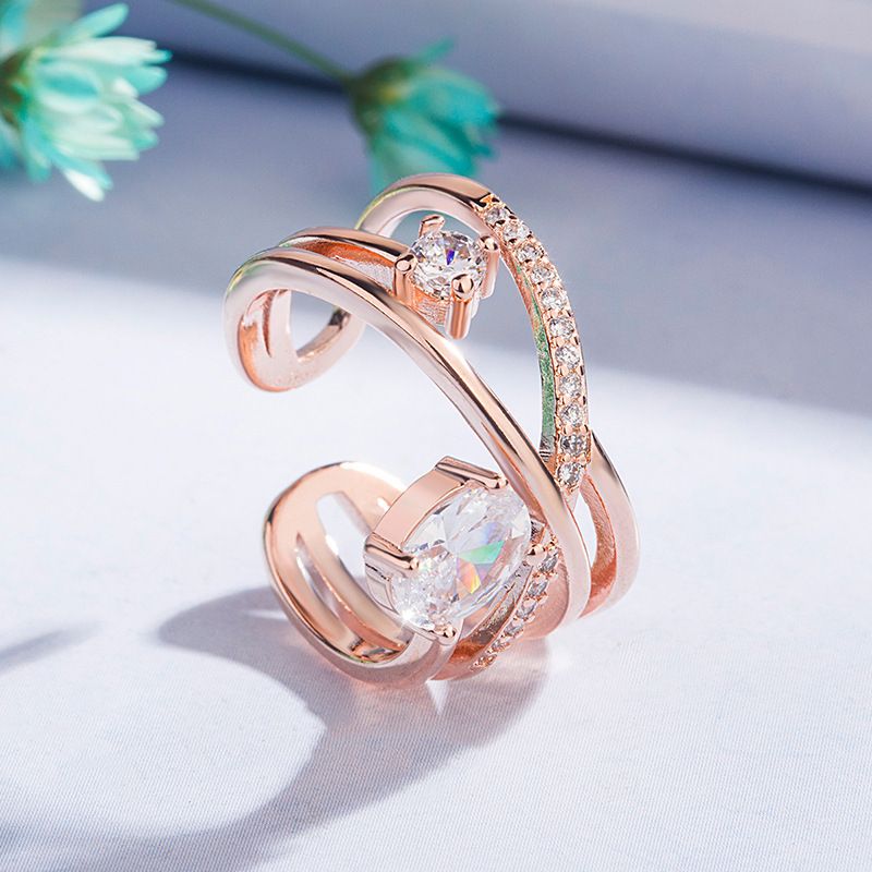 Korean style diamond-encrusted zircon cross ring for women with open rose gold Internet celebrity ring index finger ring student fashion jewelry