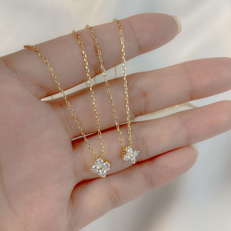 Onina Japanese S925 sterling silver plated 14K gold inlaid zircon necklace flash diamond four-leaf clover versatile clavicle chain for women