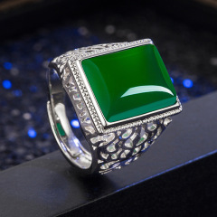 Retro ethnic style green agate ring men's chrysoprase gemstone men's ring hollow ring simple fashion jewelry