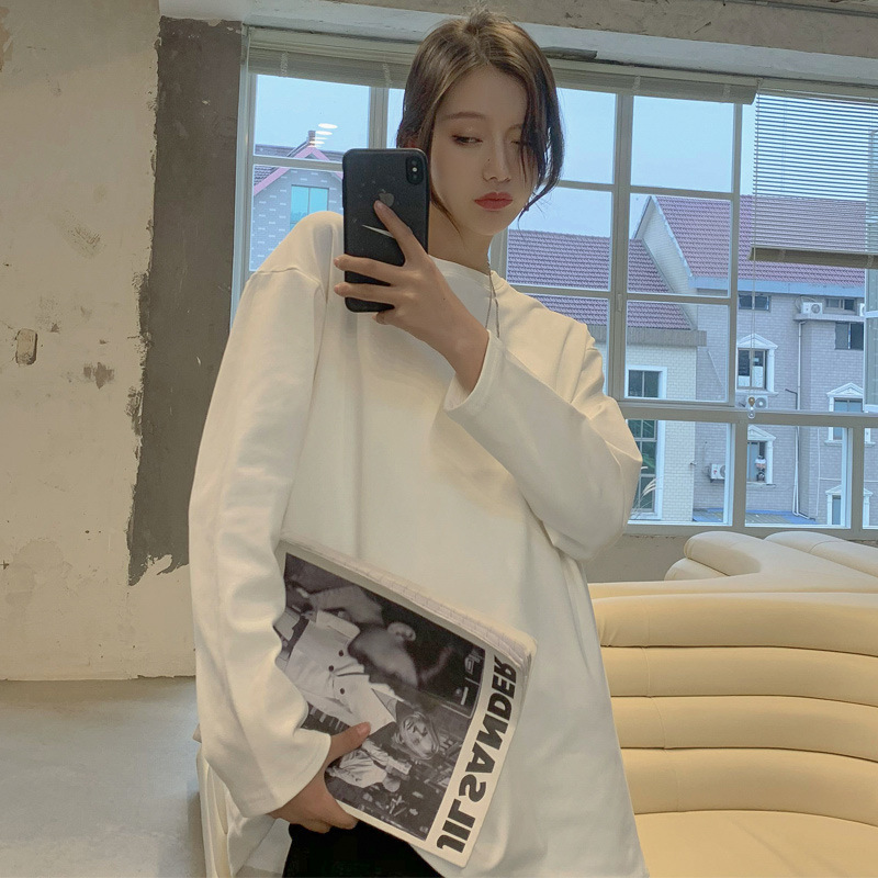 Early autumn new inner layering shirt women's tops 2024 Korean style loose round neck simple pure white long-sleeved T-shirt