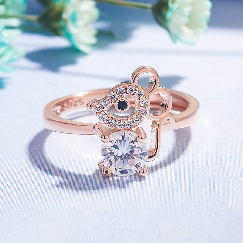 Korean version of the zodiac cute rat zircon ring for women simple personality with the same style open ring