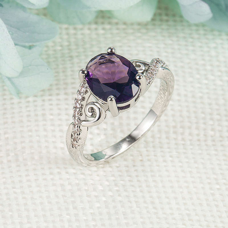 Amazon's new diamond-encrusted zircon purple diamond ring for women, light luxury European and American cross-border egg-shaped amethyst ring wholesale