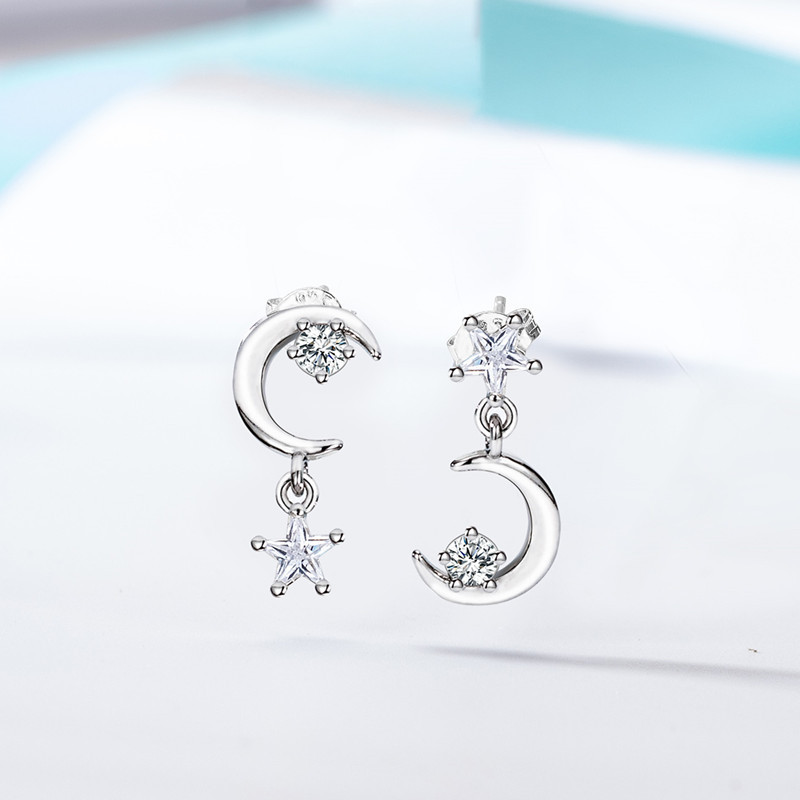 Korean style star and moon temperament earrings for women asymmetrical diamond earrings earrings versatile simple earrings accessories jewelry