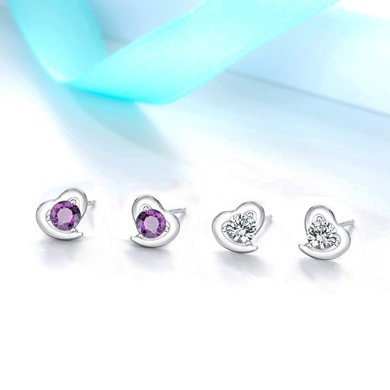 Korean style personalized diamond-encrusted purple diamond earrings for women, heart-shaped purple diamond earrings, Internet celebrity temperament, sweet ear jewelry, simple jewelry