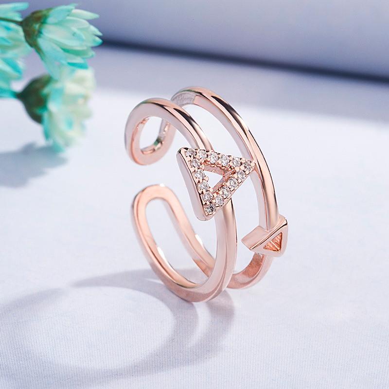 Korean version of Internet celebrity ring set with diamond triangle ring for women with open rose gold trendy student index finger ring jewelry