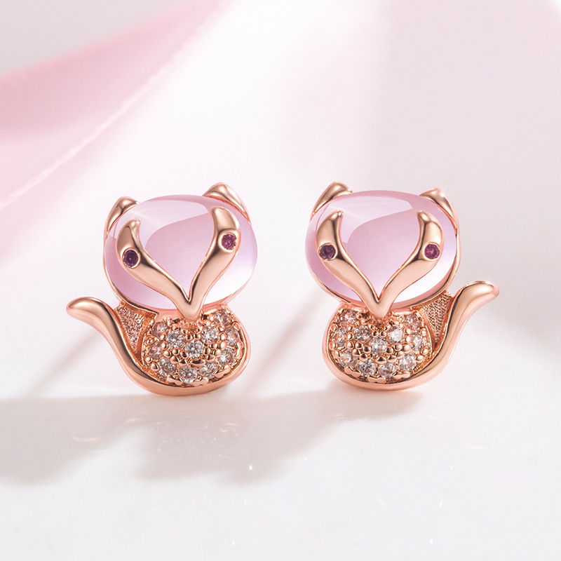 Korean style micro-set diamond fox earrings for women, hibiscus stone fox earrings, sweet animal earrings, niche earrings jewelry