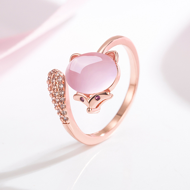 Korean version of sweet micro-set diamond fox ring for women, hibiscus stone ring, cute animal ring, niche hand jewelry